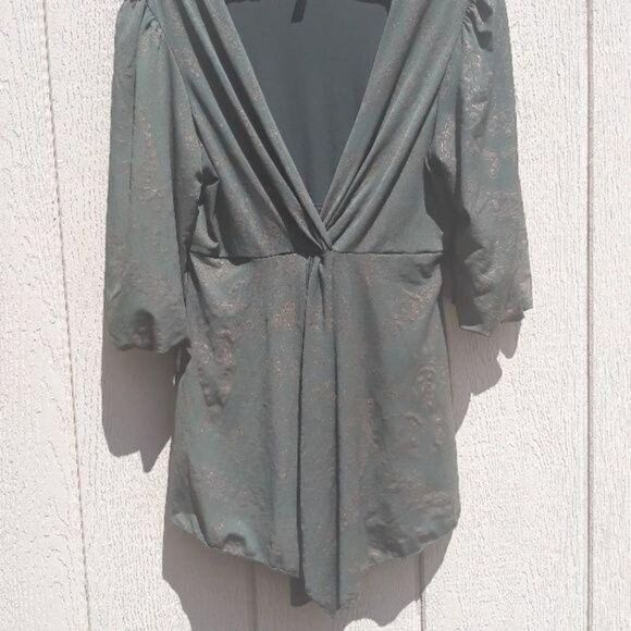 Vintage Peasant Renaissance Tunic Top Pleated Bishop Green Metallic Print  Sz L - Picture 3 of 8